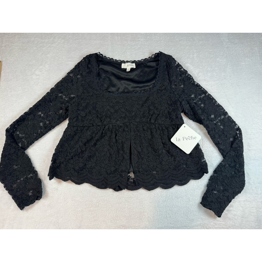 Whimsical Goth Black Crop Gothic Lace Hem Top, Dark Romantic Boho Blouse Large